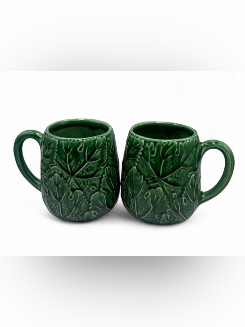 Pair Vintage Greenware Ceramic Majolica Leaf Mugs Cups Drinkware Cottagecore
